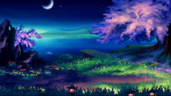 Artistic Fantasy Flower Lake Moon Night Tree