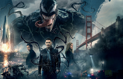 Venom (2018) Promotional Art with Riz Ahmed, Tom Hardy and Michelle Williams